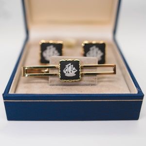 Vintage Wedgwood Tie Bar + Cufflink Set - Ship Design, Black Jasperware,